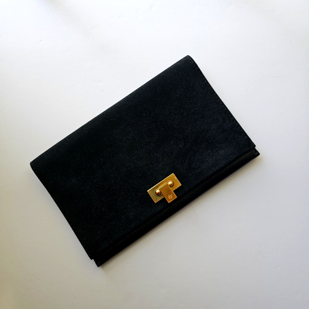 Tory Burch Black Carmen Suede & Leather Clutch with Gold hardware
